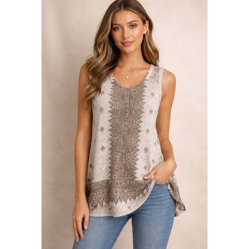 Vocal Rhinestone Lace Tank Top Sz M Boho Western Cream Brown Festival Beach